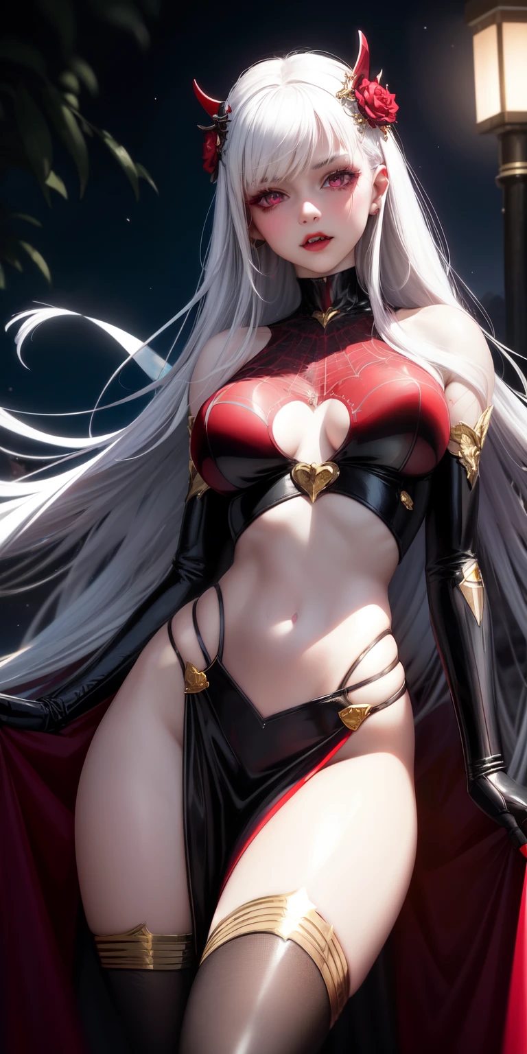 realistic, 1girl, white hair, purple eyes, glowing eyes, crop top, skirt, parted lips, blush, night, flowers, sun, sunlight, A 16-year-old spider-girl with an hourglass figure, wearing a red and white spider suit with a full face mask adorned with tiny stars and gold accents, spider logo. Underneath the mask, she has large red siren eyes, heart-shaped glossy lips, sharp fangs, and red talons. She has long, flowing red hair