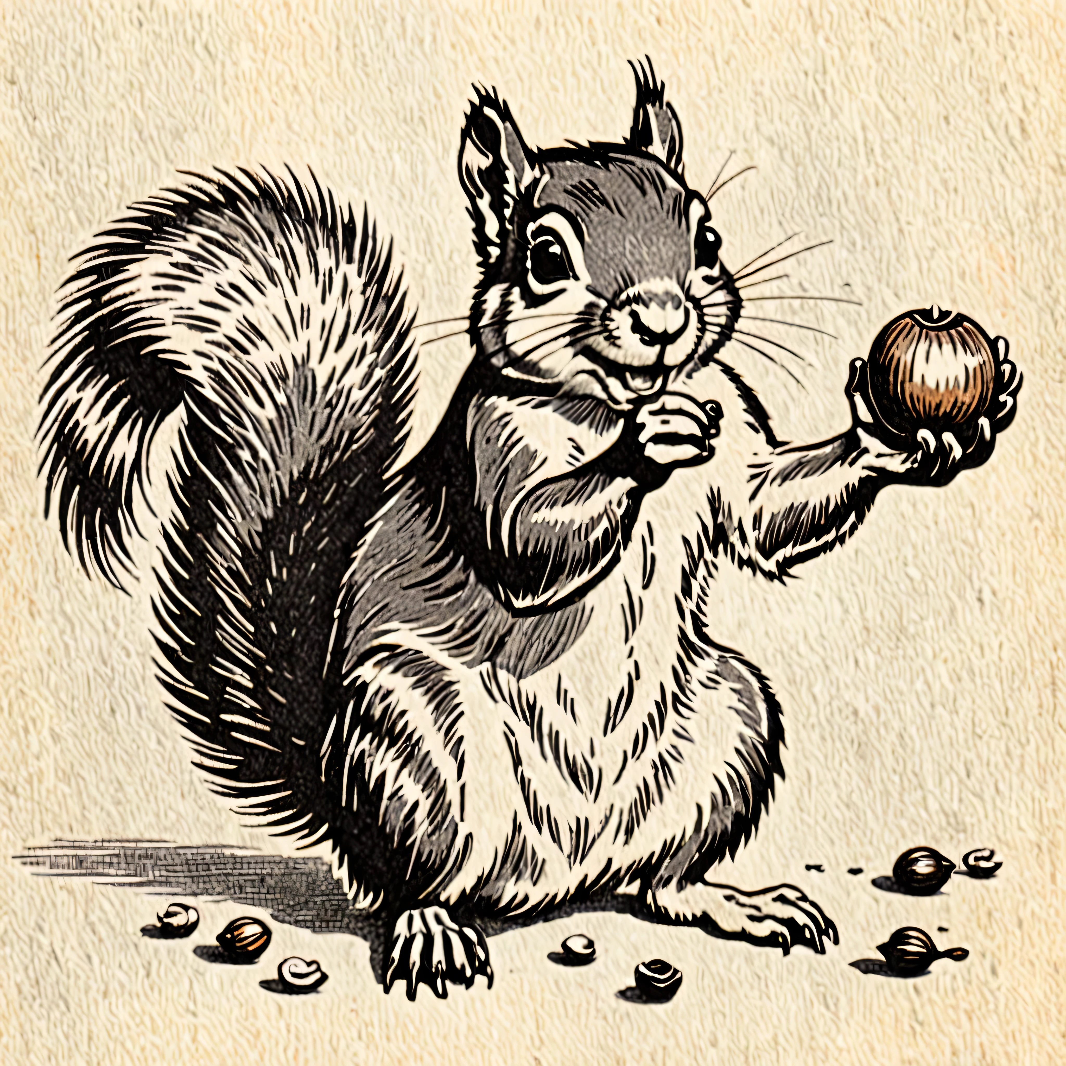 Squirrel, holding a nut, vintage, pencil draw, logo, NUTS