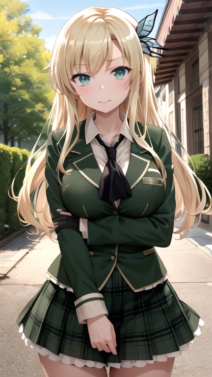 masterpiece, best quality, highres, Kashiwazaki Sena, long hair, hair ornament, large breasts, black neckerchief, blazer, green jacket, long sleeves, plaid skirt, green skirt, standing, cowboy shot, outdoors