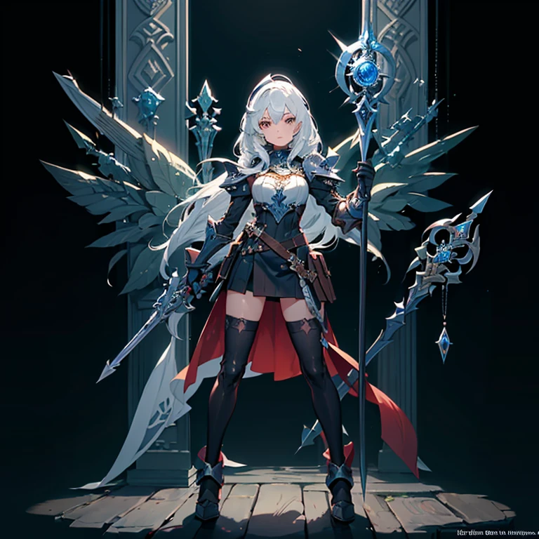 Design a layout showcase Gaming character, (1girl). Golden+Purle clothes, stylish and unique, ((showcase weapon:1.4)), magic staff, (masterpiece:1.2), (best quality), 4k, ultra-detailed, (Step by step design, layout art:1.5), (luminous lighting, atmospheric lighting), magican, ((glove full hands)), (((revealing clothes:1.3))), vambraces, armored legwear, (((full_body_shot:1.4)))