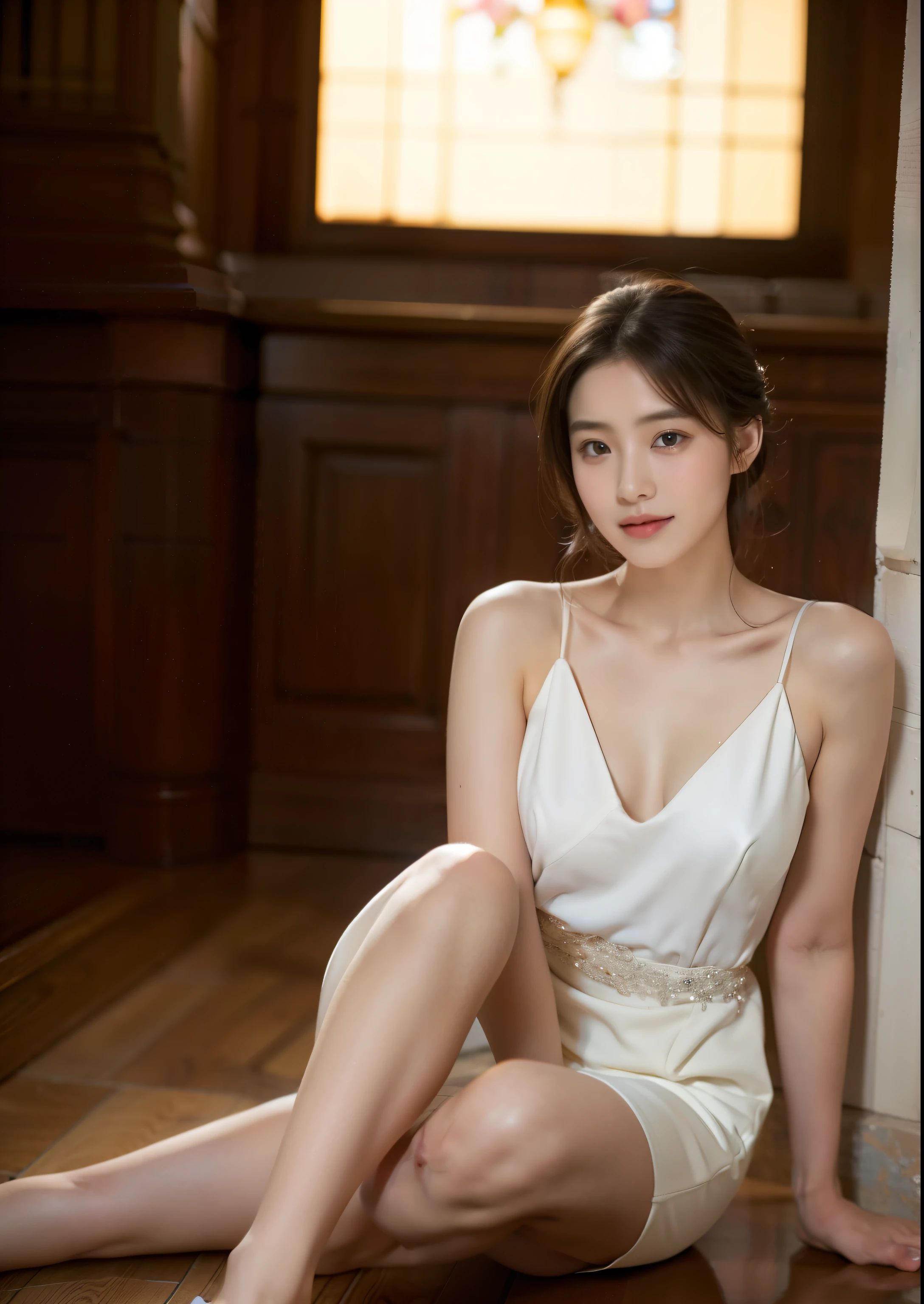 Beautiful 17 year old tall and slender woman。She is smiling. Her leg is very long.She is wearing a wedding dress. She is illuminated by sunset light. the evening church lights is on . her black hair. High resolution、masterpiece、highest quality、頭w:1.0、((Hasselblad Photos))、fine skin、(movie lighting)、clavicle . full body picture.