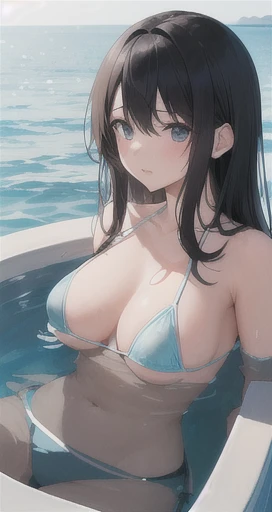 (masterpiece:1.0),(highest quality:1.0),Ultra-high resolution,Absurd,Very detailed,Swimming in the sea,A rich expression, One girl,alone,Long black hair,Large Breasts, Micro Bikini,whole body,summer,Taking a bath,水浴びでwhole bodyが濡れている,