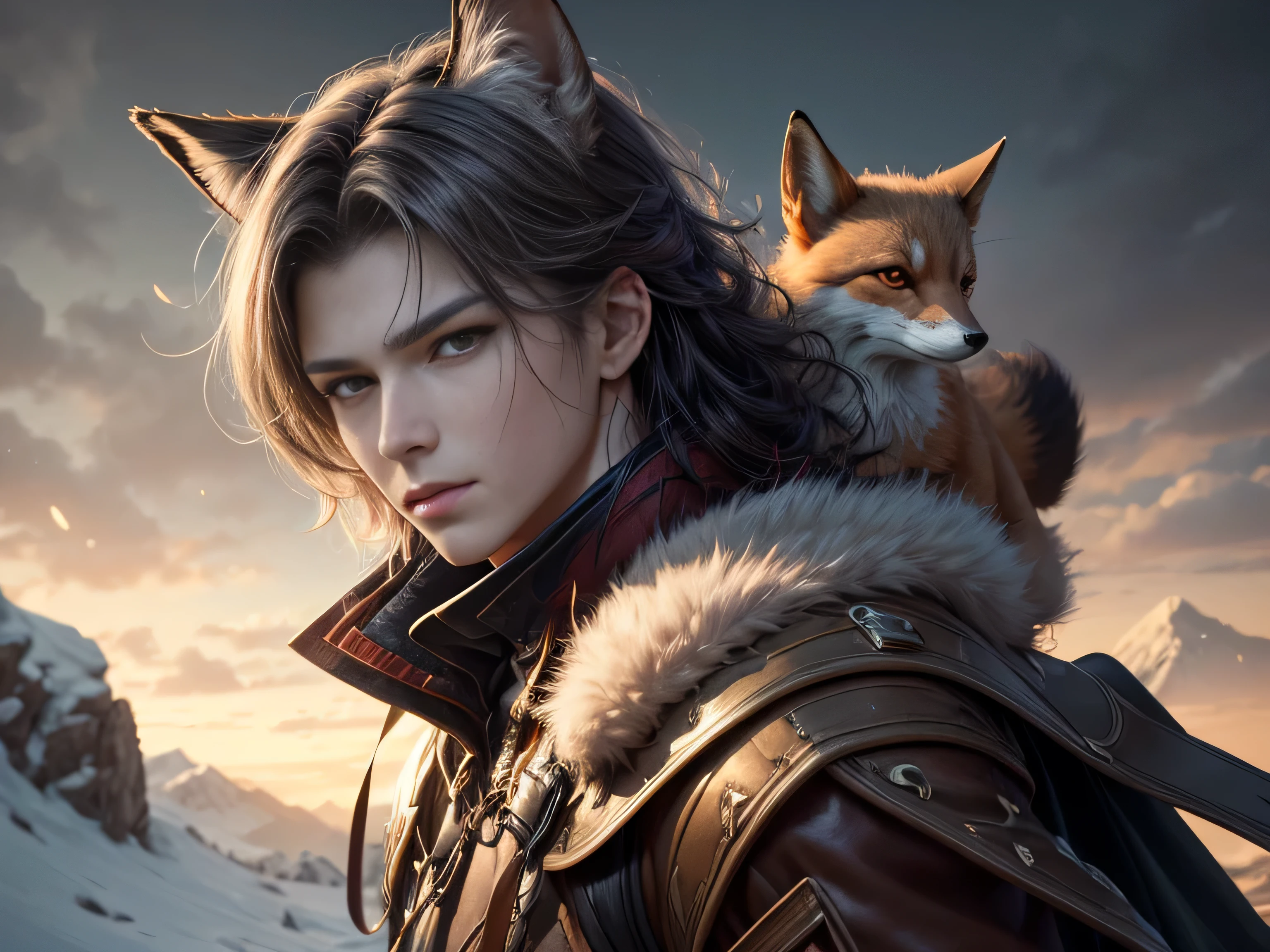 (Best Quality, 8K, Masterpiece, HDR, Soft Lighting, Picture Perfect, Realistic, Vivid), Black-haired guy with fox ears and baby fox animal lie on the snow, on the mountainside, Anime Illustrations, Beautiful Illustrations, Exquisite Digital Illustrations, Realistic digital anime, realistic digital anime art, (ultra high quality fantasy art), masterpiece, male model, ultra high quality male character designs, anime art with 8k development, realistic anime art, highest quality wallpaper illustrations, complex ultra high quality accurate male characters faces, high quality design and accurate physics (super-quality fantasy style)), art, dark fantasy)) Style), masterpieces, super-quality characters, anime resolution - 8K, realistic anime art, wallpapers with the highest quality illustrations, ultra-high detail of faces, high-quality design and physics accuracy), color, depth of field, shadows, ray tracing, production of high-quality computer wallpapers and 8K resolution, (Accurate simulation of the interaction of light and materials)], [High-quality detailed hair [More about beautiful and shiny red hair]], (Beautifully detailed hands [perfect fingers [Perfect nails]], (perfect anatomy (perfect proportions)))) [[Full length]], [Perfect color combination (Accurate imitation of the interaction of light and material)], [art that conveys the meaning of the story ]