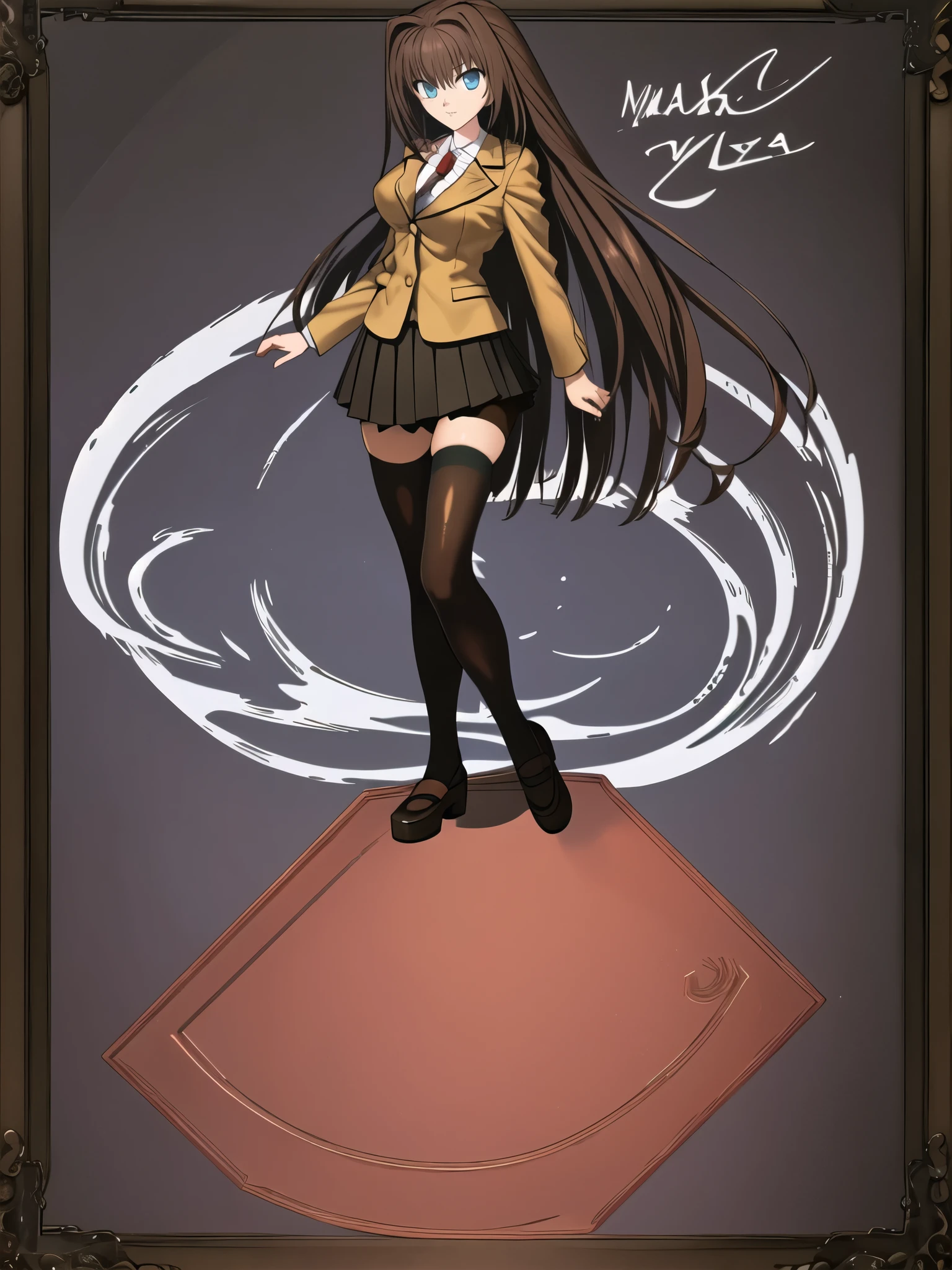 BREAK, blank background, white background, (EMPTY BACKGROUND), BREAK (masterpiece:1.2), best quality, high resolution, 8k, illustration, (beautiful detailed eyes:1.6), extremely detailed face, extremely detailed, CG, perfect hands, perfect anatomy, (((1girl))), (((solo))), (takeuchi takashi), ((((bbaoko))), (((2 legs max:1.7))), (((2 feet max:1.6))), ((swirling vortex shaped longest brown hair:1.5)), (brown longest hair with slightly reddish undertone:1.6), (lush luscious longest brown hair:1.6), (very long voluminous longest brown hair:1.5), serious, blue eyes, red bowtie, (Form-fitting beige blazer:1.5), brown jacket, (highly detailed beautiful face:1.2), (white shirt:1), (well shaped large breasts:1.6), (nice hips:1), (((Umber pleated thigh-high skirt:1.6))), (((black bike shorts:1.4))), (2 nice visible thighs:1.6), (symmetrical thigh-high black colored stockings:1.6), (strap shoes brown color), (facing front:1.5), ((standing straight:1.5)), ((Fullbody in frame:1.6)), ((Full body:1.5))
