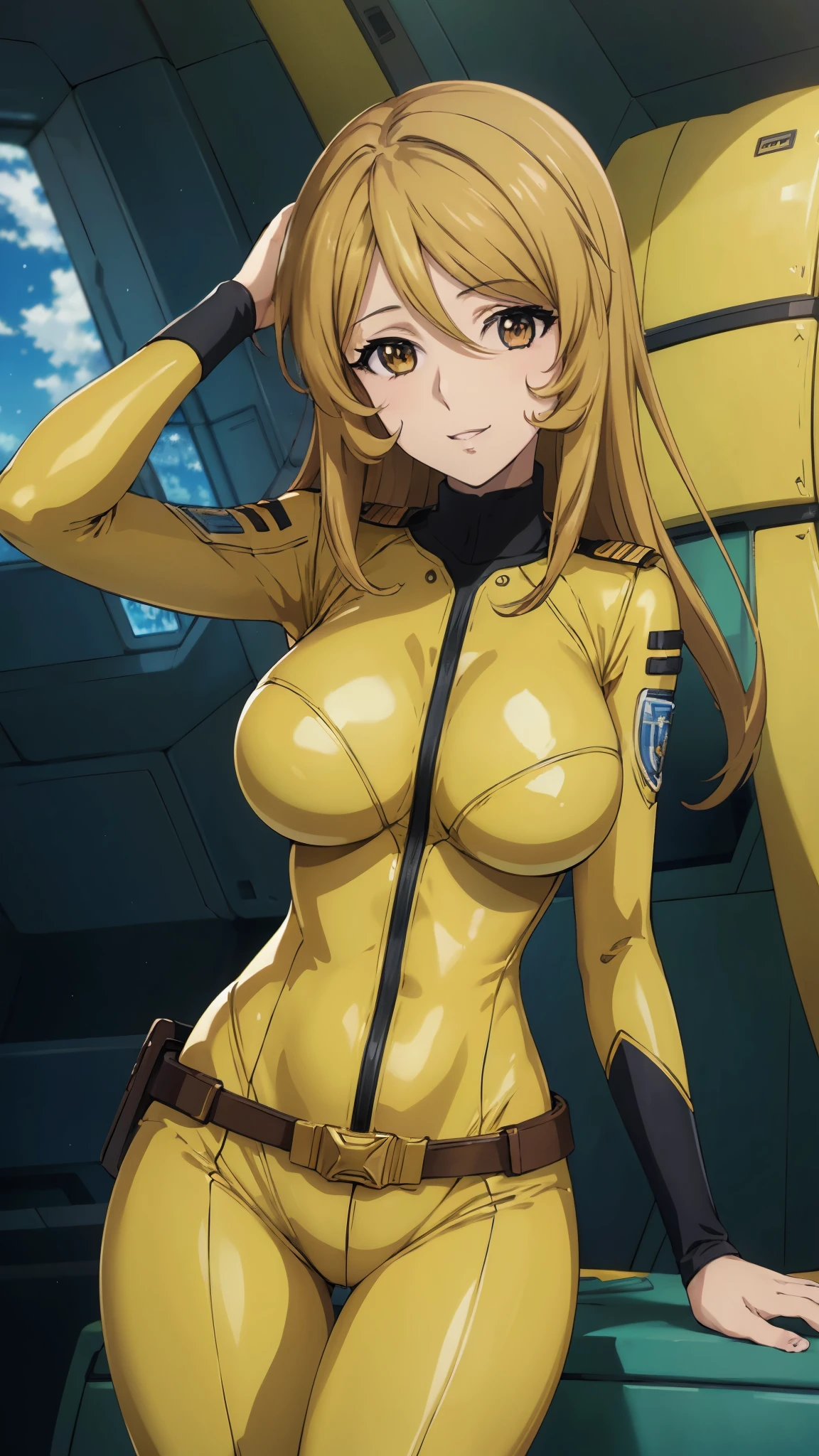 8k, anime,One girl,Yellow bodysuit,(Bright room:1.3),(Inside the spaceship,Bedroom:1.3), Huge breasts, View Viewer, Brown eyes,(Aesthetic Anime Eyes:1.4), smile,slender,Focus Only, Cowboy Shot,(masterpiece:1.4),(highest quality:1.4),(Shiny skin),Steaming body ,      