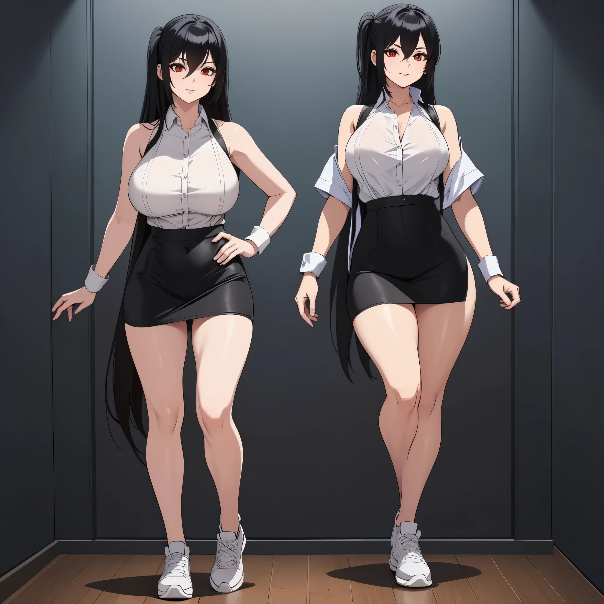 A woman wearing the standard costume of Tifa Lockhart, Final Fantasy VII (SQUARE ENIX) long black hair, red eyes, smiling, Ahoge, white shirt, short sleeveless shirt, short black skirt, black socks, red sneakers, red gloves, walking in a luxury room with marble, full body. shadow, flower, UHD, masterpiece, accurate, anatomically correct, textured skin, super detail, high quality, best quality, 8k, high resolution, bokeh effect. (woman alone)