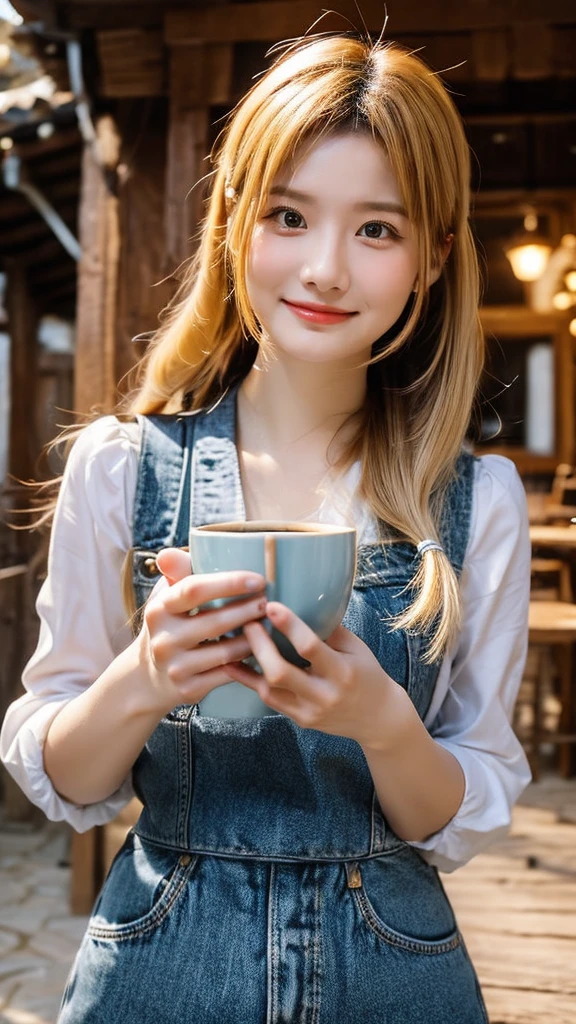 (masterpiece), (best quality), (ultra-detailed),antique house,1girl,nostalgic,lodge,A girl is traveling 
,shiny yellow gold hair, wide angle, blue eye, medium hair, (cute smile)
 antique cafe, at dusk, (holding coffee cup with both hands)