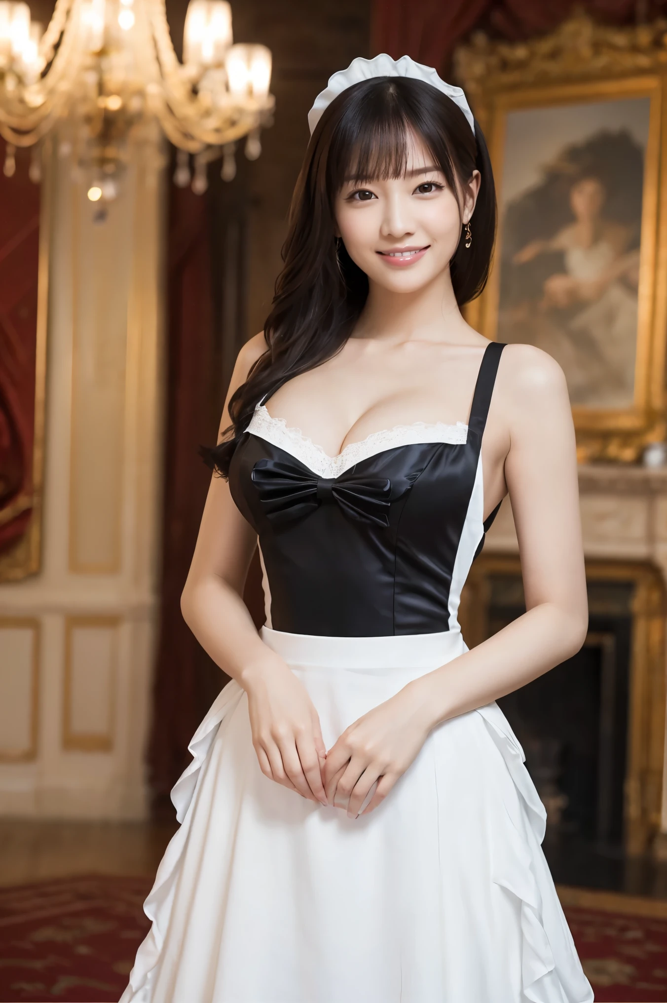 (highest quality、Tabletop、8k、Best image quality、Award-winning works)、One beautiful woman、Glowing Beautiful Skin、(The most luxurious and gorgeous maid dresses:1.3)、Maid outfit with apron、Maid clothes with frills、Huge black and white maid dress、Gorgeous long skirt maid outfit、Shiny Ultra HD Skins、(Accurate anatomy:1.1)、Look at me and smile、(Photo from the waist up:1.1)、Cleavage、(Standing Elegantly:1.1)、(Blurred background of the most luxurious mansion:1.2)、Portrait Photography、(Very atmospheric, Romantic and warm lighting:1.1)、光を受けてGlowing Beautiful Skin、(The most detailed and perfect face:1.1)、(The most detailed eyes:1.1)、(Beautiful and moisturized skin:1.1)、Look at me and smile