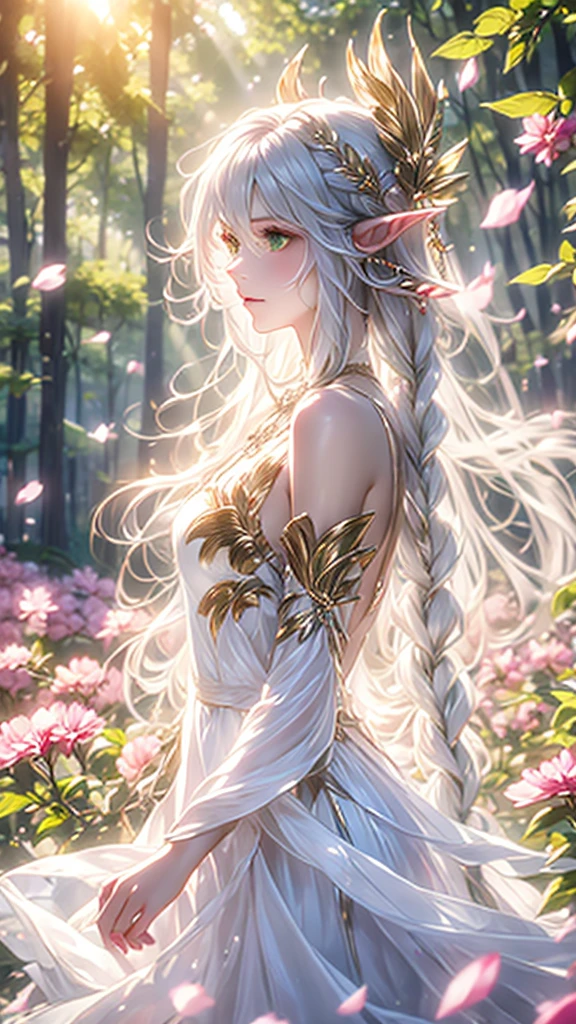 (masterpiece, best quality, high quality, highres, ultra-detailed), realistic,,1 sweet girl, the greater lord rukkhadevata, (side braid:1.1), long hair,((white hair)), leaf hair ornament, (pointy ears), elf, green eyes, pale skin, bare shoulders, (medium breasts), (cleavage:1.1), jewelry, white long dress, (detached sleeves:1.1), bracelet, (looking away:1.2), (hair floating:1.3), from side,,(in forest:1.3), (pink flowers:1.1), (falling petals:1.1), (lens flare from right:1.2), (god rays from right:1.2),,