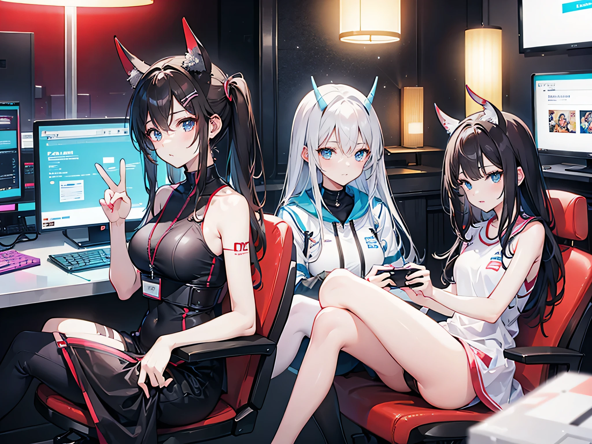 Three tall thin girls, in a gamer room, with neon lights, sitting playing video games, one with white hair and horns, another with brown hair and another girl with black hair