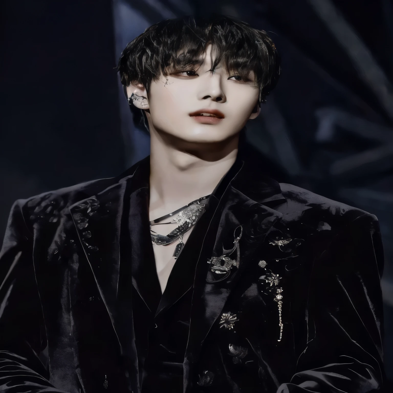 a close up of a man in a black suit and necklace, cai xukun, wonbin lee, jinyoung shin, jung jaehyun, hyung tae, beautiful androgynous prince, delicate androgynous prince, inspired by Bian Shoumin, jungkook, kim doyoung, inspired by Zhang Han, taejune kim, black haired yoongi, hong june hyung. He has red eyes, horns, dark orange demon wings and his hair is light. Behind him there is fire. 