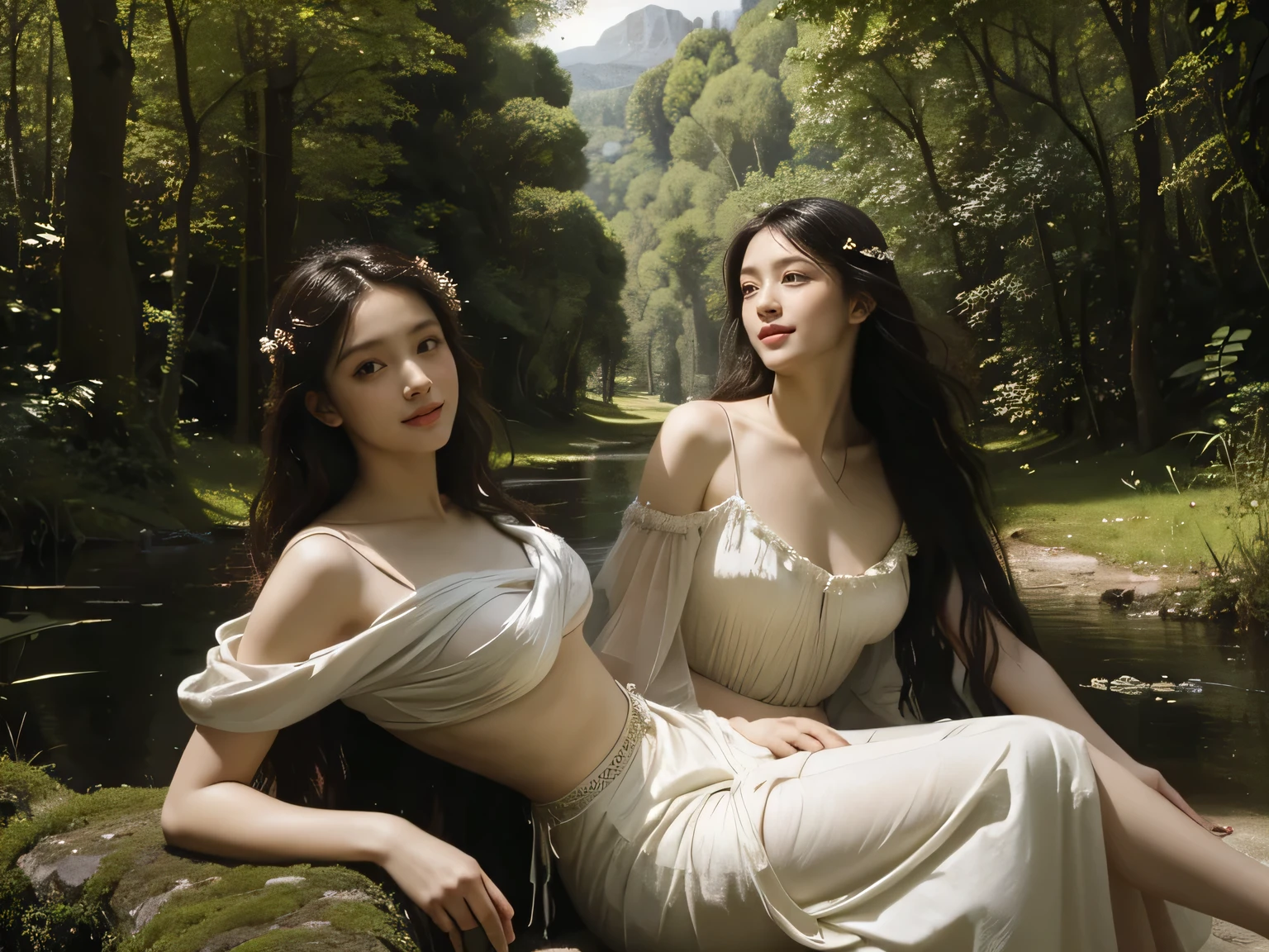 Giorgione painting style,Barbizon forest A beautiful woman in Greek dress smiles on the shore,Sweet and seductive appearance.、Caravaggio's paintings、Chiaroscuro of Caravaggio、hair tousled by the wind,Two women frolicking,cute smile, expression of ecstasy,Sexy,erotic