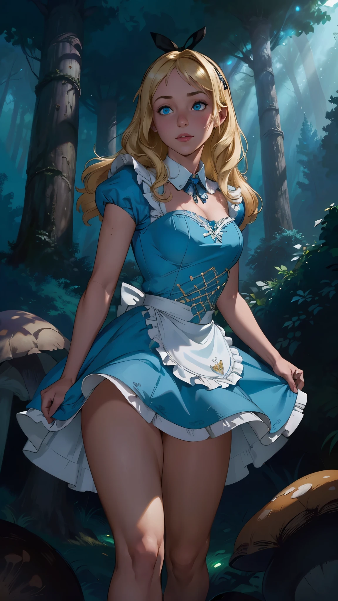 (La mejor calidad,A high resolution,Ultra - detallado,actual),Alice Wonderland, vestido corto azul, medias white muslo, cabello largo amarillo, ,(Fondo de ruinas de mazmorra en ruinas bosque tenebroso cyberpunk :1.4 ), More detailed 8K.motor irreal:1.4,UHD,La mejor calidad:1.4, fotorrealista:1.4, textura de la piel:1.4, obra maestra:1.8,obra-prima, mejor calidad,objeto Objeto], (detailed face features:1.3),(Las proporciones correctas),  (pose vaquero),( Alice Wonderland:1.4), (Alice Wonderland V2.1), (perfect anatomy :1.4),( no mutaciones), (Alice Liddell Disney:1.4), (dynamic cowboy pose), (face detailed :1.4), (mostrando panties), (cinematic lighting :1.4), score_9, score_8_up, score_7_up, score_6_up, rating_explicit, 1girl, ((18YO:1.2)), Adult, full lips, big clear eyes, blue eyes, ((blond hair:1)), (long wavy hair: 1.2),( orejas de coneja white:1.4 ), (forest background big trees and giant mushrooms neon :1.4), (skirt lifted by itself: 1.1), (skirt lift: 1.3), (showing white panties: 1.3), (ojos detailed hermoso :1.4) (Obra maestra: 1.4), (8K, realista, foto cruda, La mejor calidad: 1.4),