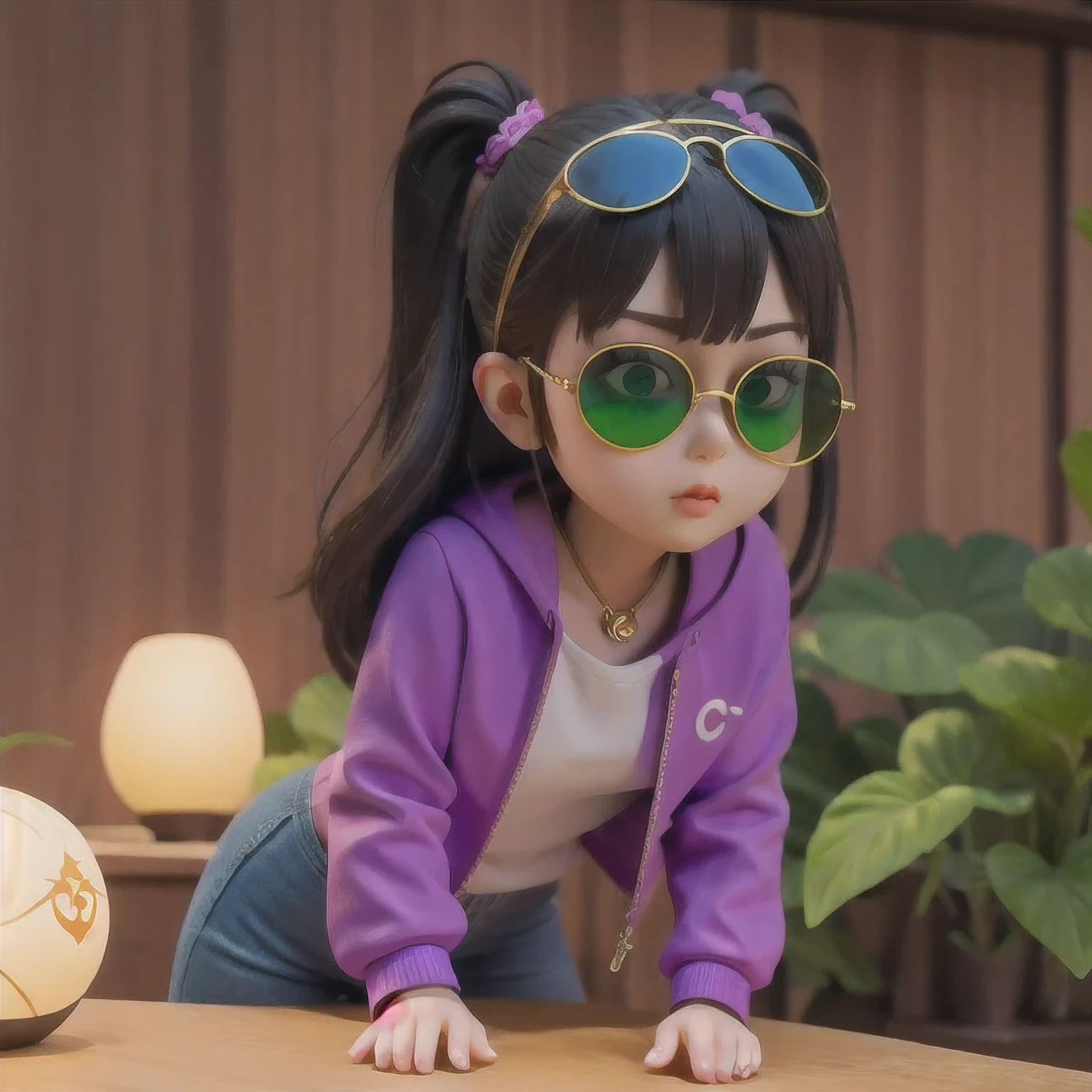 （（（1 girl）））araffe wearing a purple outfit and sunglasses with a purple choke, trending on cgstation, artwork in the style of guweiz, inspired by Yanjun Cheng, guweiz, deviantart artstation cgscosiety, 🌺 cgsociety, 3 d render character art 8 k, g liulian art style, inspired by Feng Zhu，（（Imperial Green Emerald Desert Windproof Sunglasses））