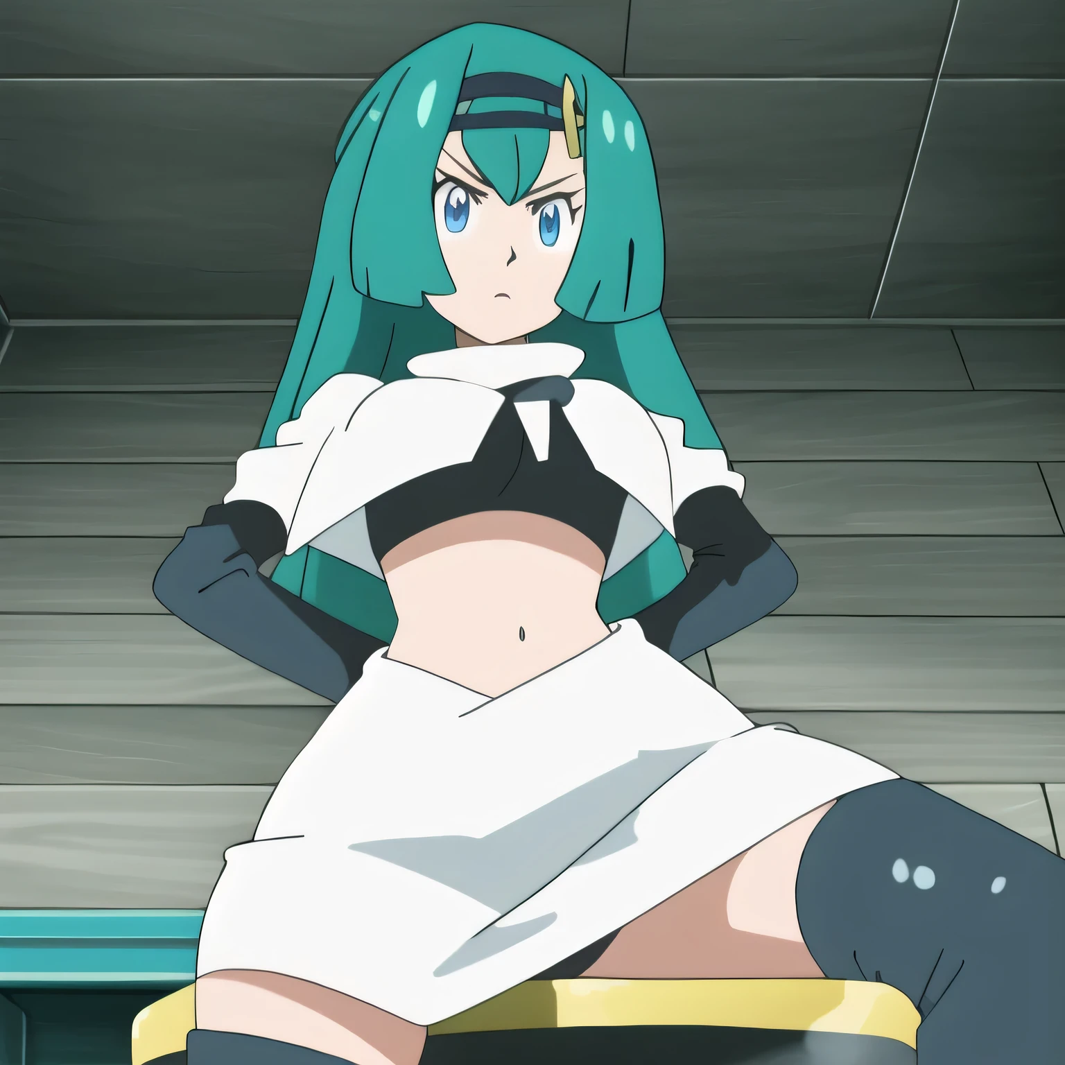 Millium Orion, blue hair, short hair, antenna hair, ahoge, yellow eyes,black hat,headwear,masterpiece,best quality,high res,high quality,8k, masterpiece,highres, team rocket uniform, red letter r, white skirt,white crop top,black thigh-high boots, black elbow gloves,evil smile, looking down at viewer, hands on hips, cowboy shot, zettai ryouiki,sitting on toilet.spread legs,from below, black panties,anime art style,detailed facial features, highly detailed, 8k, photorealistic, vibrant colors, dramatic lighting, cinematic composition,