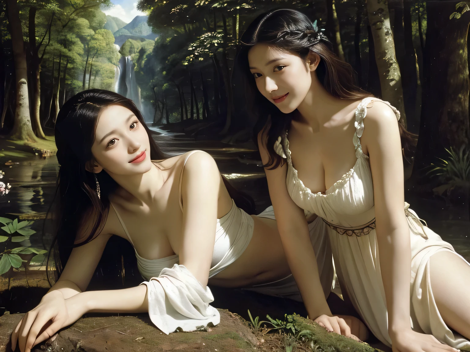 Giorgione painting style,Barbizon forest A beautiful woman in Greek dress smiles on the shore,Sweet and seductive appearance.、Caravaggio's paintings、Chiaroscuro of Caravaggio、hair tousled by the wind,Two women frolicking,cute smile, expression of ecstasy,Sexy,erotic