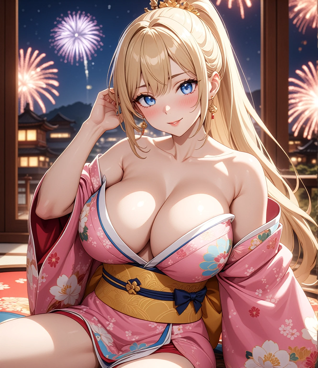 ((one personの女性)), Beautiful Face,Embarrassed and kind expression,Laugh embarrassedly,turn bright red,Glossy pink lips,night,Luxurious Japanese-style room,firework, ((Anime style background)),masterpiece, highest quality, so beautiful, Latest, Complex details, (Pink long nails),French Nails,AI-generated, Complex,High resolution, highest quality, super high quality,3D Images、View your viewers、3D Images,one person,Long Blonde Hair,High Ponytail,blue eyes,Anime woman posing for a photo, [[Fine grain、Colorful eyes、Shining Eyes:1.15]],(Squint your eyes:1.1),a hyperRealistic , hyperRealistic , Realistic,Blonde anime woman with long hair, Smooth anime CG art, A woman in a colorful kimono with gold embroidery, (Pink Kimono),Floral pattern,Long flower hair ornament,Big earrings,(Big Breasts:1.4),Mature Body,expensive,Big Ass,Fine details,Tight waist,Abdominal muscles,sleep,Leg spread,Exposed vagina,(semen).Masturbate,(Touching the vagina)