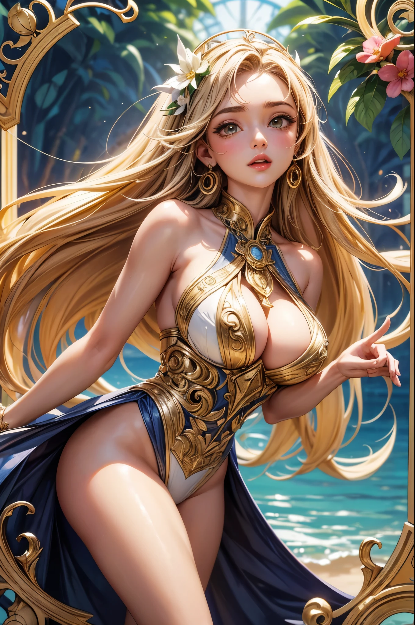 Senhora bonita, O estilo de Alphonse Mucha、Cartola、fraque, jaqueta, Amarrar, monocle, reflexos de luz, oils, volumeric lighting,nudez,pele tonificada, Corpo perfeito,Peito grande,seios grandes cintura fina,pernas longas,(estilo pin-up),, dedos de camelo, Fundo Campo dos Sonhos, Cena de fundo Campo de flores