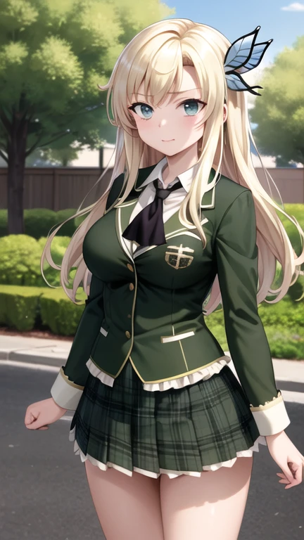 masterpiece, best quality, highres, Kashiwazaki Sena, long hair, hair ornament, large breasts, black neckerchief, blazer, green jacket, long sleeves, plaid skirt, green skirt, standing, cowboy shot, outdoors