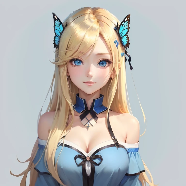 The painting shows a blonde with blue eyes、girl in blue shirt, long-haired blonde anime girl, Anime style, Anime style, Anime style角色, [[[[smile evilly]]]], as an anime character, Produced in collaboration with Anime Painter Studio, In the anime painter studio, she has blond hair, Cartoon shading art style，Wearing a butterfly hairpin，Off-the-shoulder design