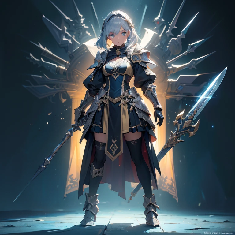 Design a layout showcase Gaming character, (1girl). Golden+Purle clothes, stylish and unique, ((showcase weapon:1.4)), magic staff, (masterpiece:1.2), (best quality), 4k, ultra-detailed, (Step by step design, layout art:1.5), (luminous lighting, atmospheric lighting), magican, ((glove full hands)), (((revealing clothes:1.3))), vambraces, armored legwear, (((full_body_shot:1.4)))