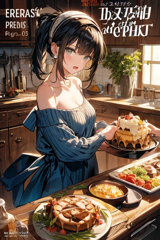 (small breasts:1.2), (perky chest:1.2), (pointed chest:1.2), (Pudding cake magazine cover:1.3),(from above:1.0),(from side:0.9),masterpiece, 1girl, Amazing Cleavage:1.1, thin waist, big ass, Raised sexy, posed cleavage:1.2、solo, looking at viewer, open mouth, have a cute grass of cute beergrass,black hair, dark green eyes, dress, bare shoulders, jewelry, collarbone, sidelocks, hairband, earrings, indoors, off shoulder, sweater, arms behind back, plant, short hair with long locks, gild hairband, off-shoulder dress, sweater dress, off-shoulder sweater, red sweater, dark gord hair, big side hair, very long side hair,is rendered in (masterpiece: 1.2, best quality), with (ultra high resolution) and an exquisite (depth of field). This masterpiece is not only visually stunning but also tells,A scene of cooking in the kitchen by classroom