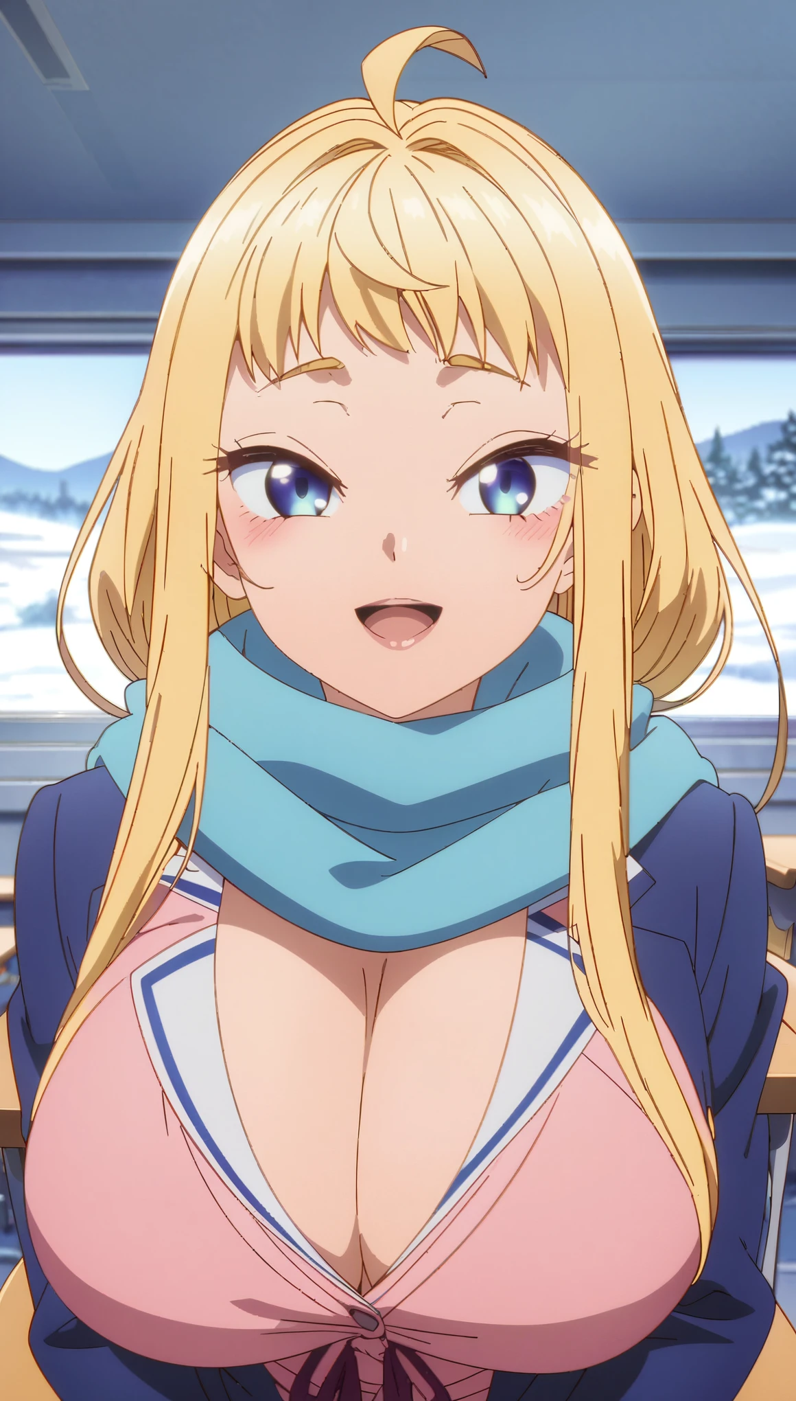 (highest quality:1.2, Anime artwork, Anime Style, Studio Anime, Very detailed, Latest, Vibrant, Anime Coloring, High Contrast, masterpiece:1.2, highest quality, Best aesthetics), 1 female, minamifuyuki, Blonde Hair, Long Hair, Side Lock, Ahoge, blue eyes, blush, smile, Cleavage, Big Breasts, scarf, 赤いscarf,Blue jacket, Pink Cardigan, Pleated skirt, Sitting on a chair, Looking up, Cowboy Shot:1.2, stare, Open your mouth, wave hands:1.4, 視聴者をstaresmile,  School classroom, Snowy landscape outside the window,