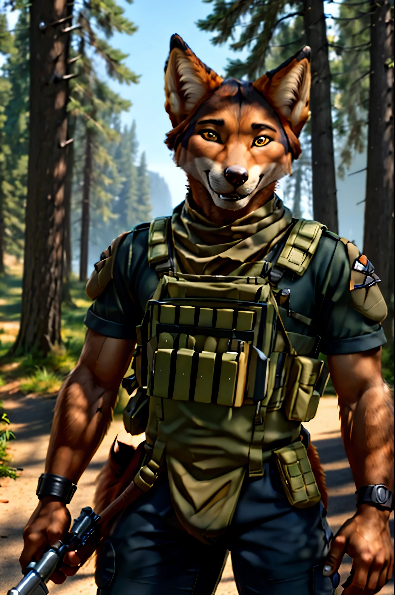 Blasco as an anthropomorphic coyote soldier smiling slightly, masterpiece, best, photo realistic