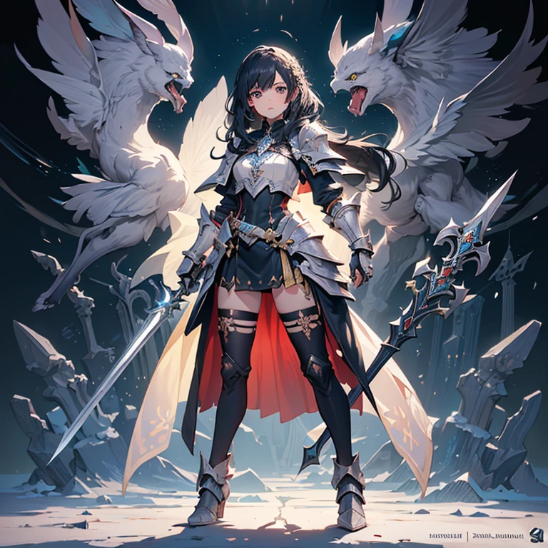 Design a layout showcase Gaming character, (1girl). Golden+Purle clothes, stylish and unique, ((showcase weapon:1.4)), magic staff, (masterpiece:1.2), (best quality), 4k, ultra-detailed, (Step by step design, layout art:1.5), (luminous lighting, atmospheric lighting), magican, ((glove full hands)), (((revealing clothes:1.3))), vambraces, armored legwear, (((full_body_shot:1.4)))