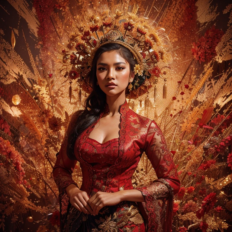 A captivating performance featuring an Indonesian woman in the red kebaya typical of traditional Indonesian clothing who is strong with a striking and energetic presence. Bold, textured brushstrokes create a dynamic and vibrant atmosphere, drawing attention to her bold features and accentuating her hourglass figure. Warm fall colors evoke nostalgia, while dark fantasy elements and graffiti-like patterns add depth and conceptual interest. These charming illustrations expertly display bright color harmonies, intricate details, and evocative subjects, making for a truly distinctive and captivating work of art.