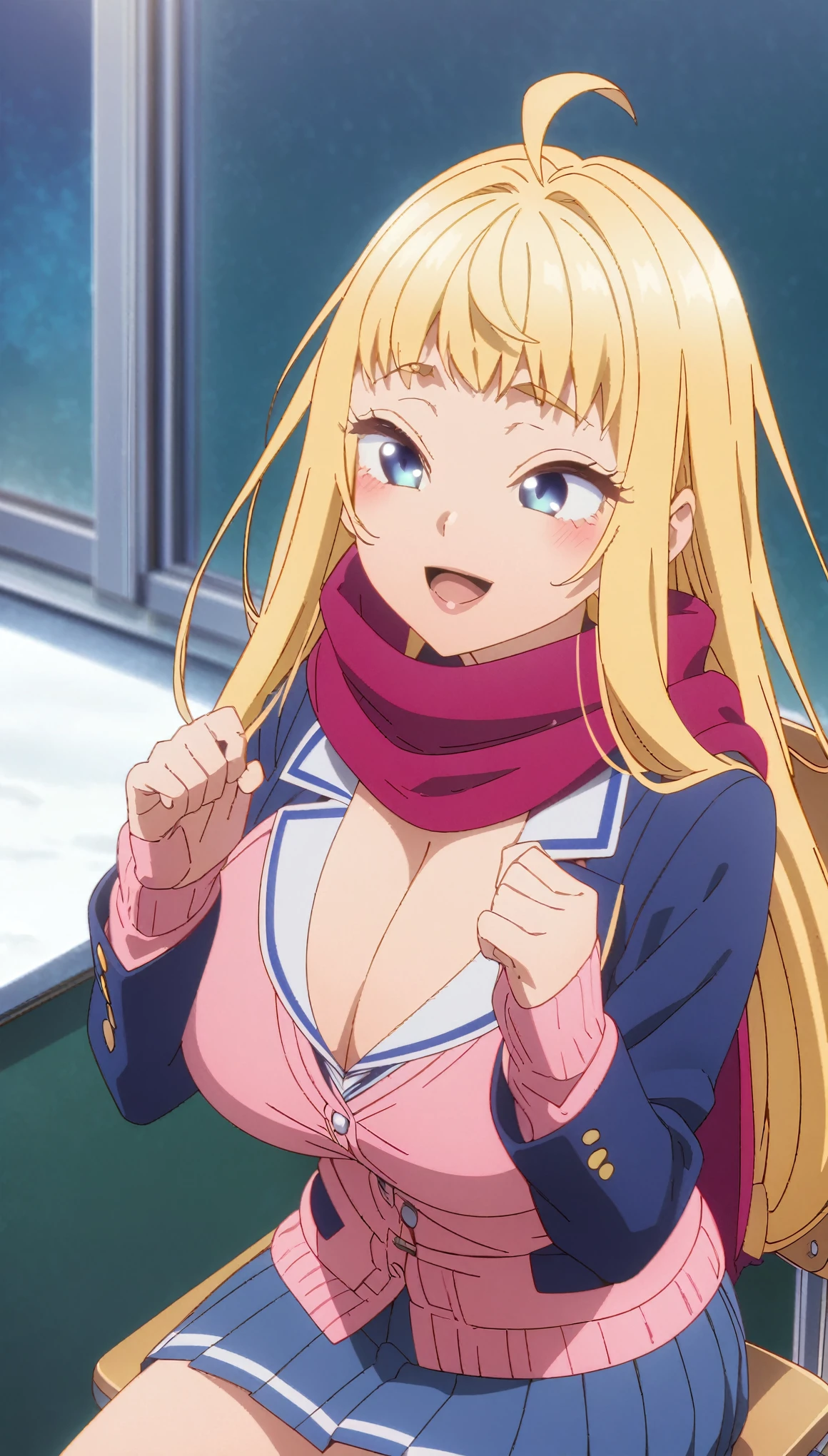 (highest quality:1.2, Anime artwork, Anime Style, Studio Anime, Very detailed, Latest, Vibrant, Anime Coloring, High Contrast, masterpiece:1.2, highest quality, Best aesthetics), 1 female, minamifuyuki, Blonde Hair, Long Hair, Side Lock, Ahoge, blue eyes, blush, smile, Cleavage, Big Breasts, scarf, 赤いscarf,Blue jacket, Pink Cardigan, Pleated skirt, Sitting on a chair, Looking up, Cowboy Shot:1.2, stare, Open your mouth, wave hands:1.4, 視聴者をstaresmile,  School classroom, Snowy landscape outside the window,