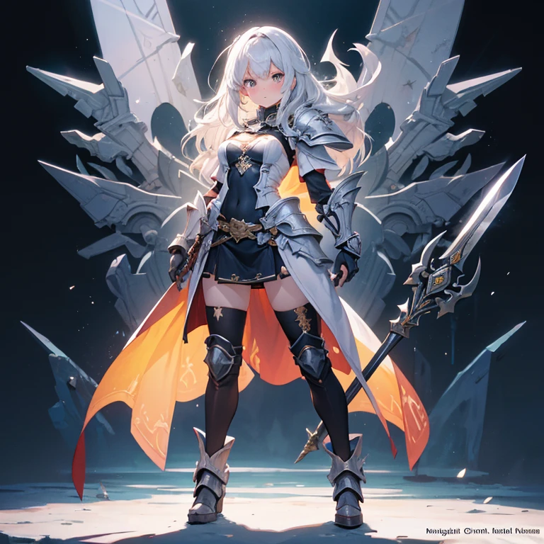 Design a layout showcase Gaming character, (1girl). Golden+Purle clothes, stylish and unique, ((showcase weapon:1.4)), magic staff, (masterpiece:1.2), (best quality), 4k, ultra-detailed, (Step by step design, layout art:1.5), (luminous lighting, atmospheric lighting), magican, ((glove full hands)), (((revealing clothes:1.3))), vambraces, armored legwear, (((full_body_shot:1.4)))