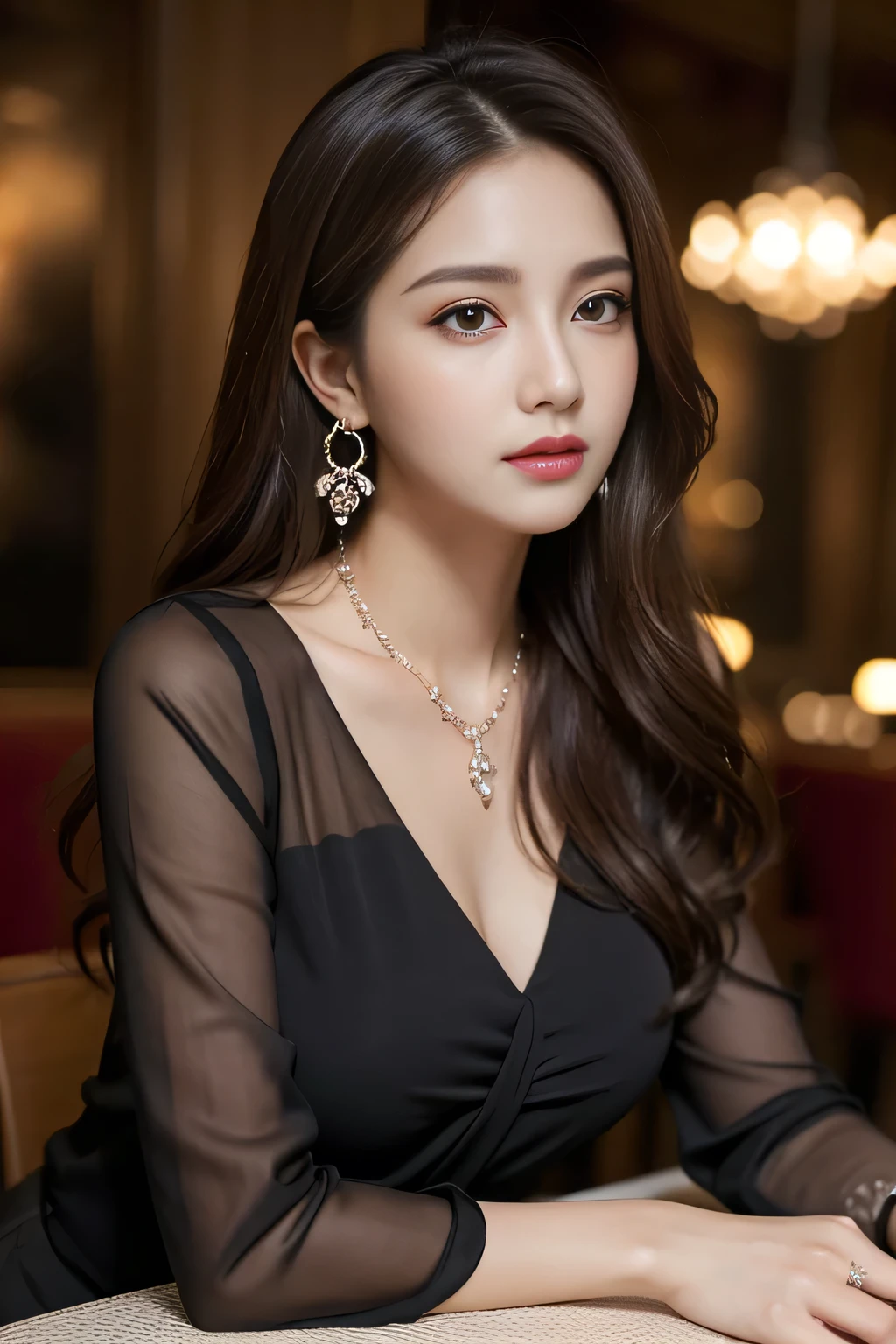 masterpiece, highest quality, Realistic, Very detailed, Finer details, High resolution, 8k wallpaper, One beautiful woman, Wear an elegant black see-through blouse, In a great restaurant, At night, Light brown messy hair, Perfect dynamic composition, Beautiful and beautiful eyes、Big earrings
