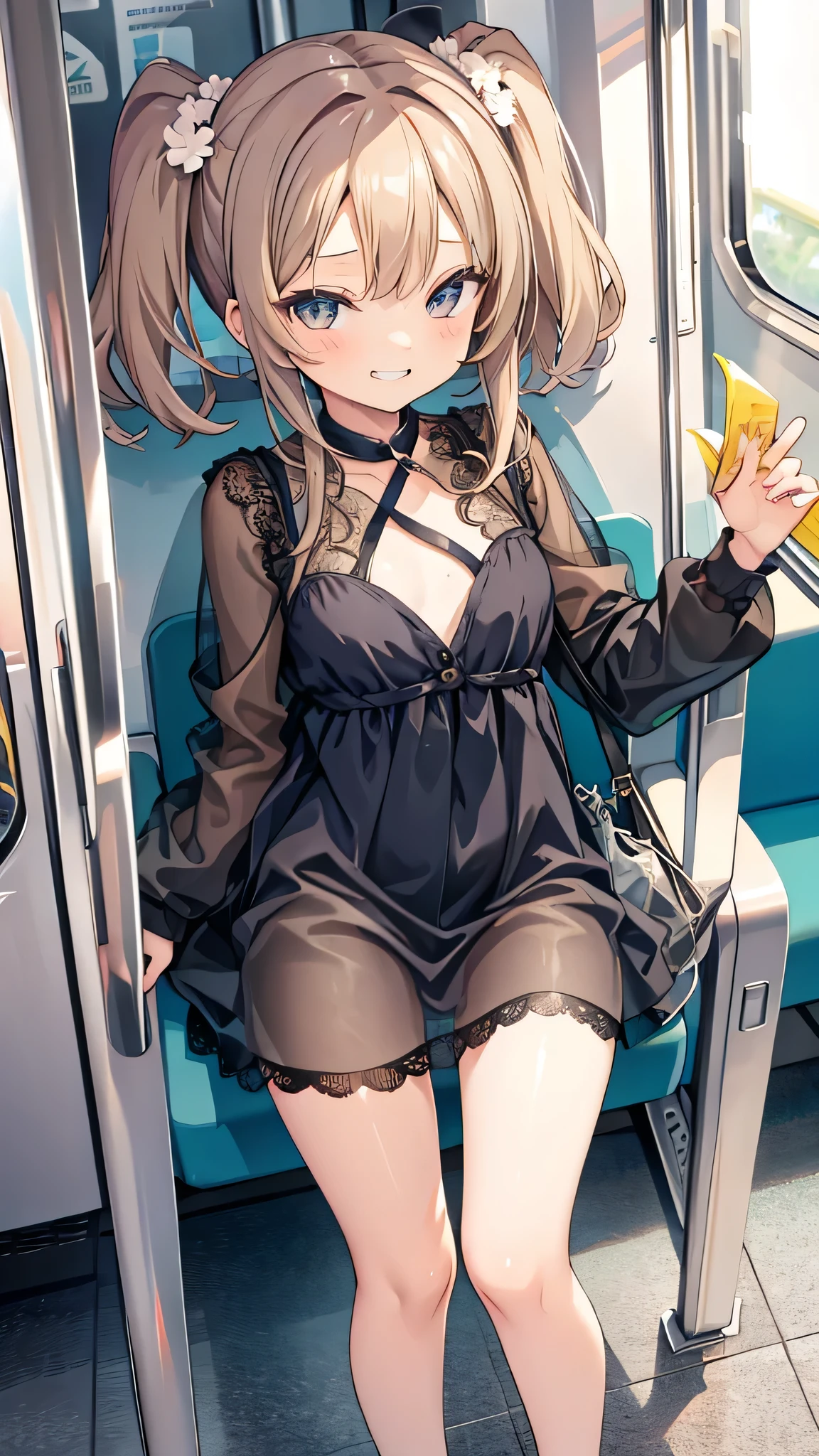 A young girl stands in front of a man and looks down on him、1girl、((looking at foot))、()、Young face、(seductive grin)、Messy Hair、Twin tails、Blonde、(Forehead), (((cute lace panties)))、Short dress、Small breasts, Chest、((Small breasts)), Sandals、(((in train)))、Thighs、((sexy))、(((dress pull))), ((Top view)), 