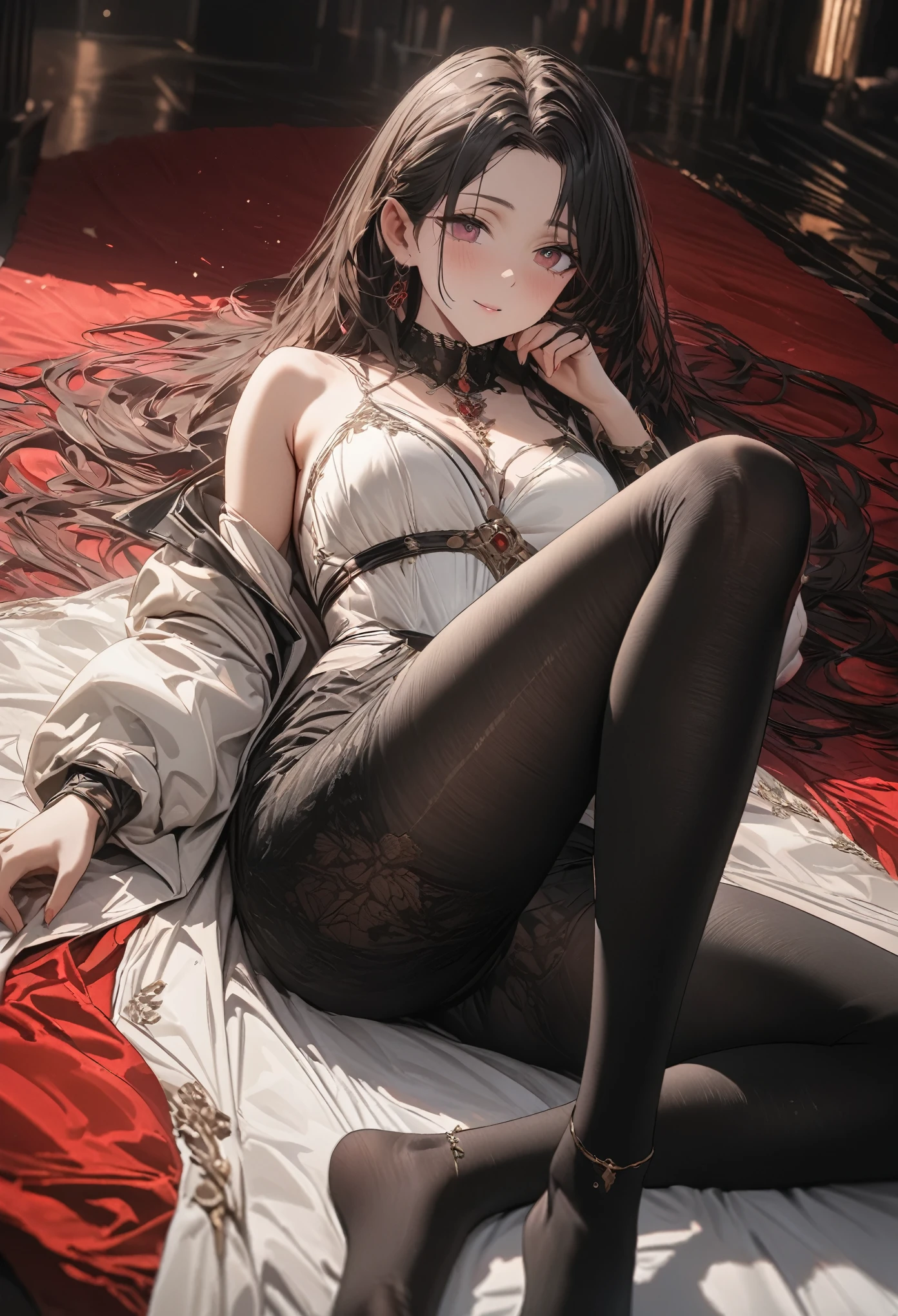 woman wearing black tights, Lying down, Sitting, Masterpiece, Committed to ultra-high definition and vivid colors, Super detailed, Attention to detail, highest quality, 8K, 16K, Exquisite detail, A style that combines romanticism and realism, High resolution, Perfect Anatomy, Looking at this