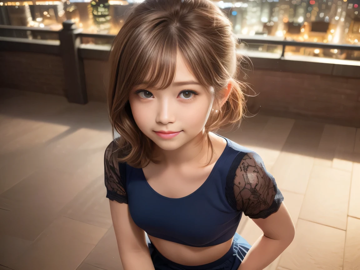 Ultra HD,(8)k,(1 Female:1.2 Beautiful and natural、High quality texture, Intricate details, Fine texture, High Detail, Highly detailed CG, High Quality Shadows, Realistic facial expressions, Beautiful and delicate face down to the last detail, Beautiful and delicate eyes, Brown pupil,((15 years old)) A perfectly balanced face, Depth of written boundary, Cinematic Light, Lens flare, Ray Tracing,perspective, (Big eyes:1.2),Blushing cheeks, Perfect body,(Dutch Angle,Excellent anatomy,, elegant,( Bright colors), 、Waist、Small Mouth、 Beautifully detailed face, Detailed cloth texture, Detailed hair texture, Accurate, Anatomically correct, Highly detailed face and skin texture,(( One Girl)), cute、(Ultra short hair)((Short ponytail))、 A shy smile, Brown Hair、Deep blue eyes、((Short sleeve lace top))、((Ultra mini skirt:1.2))、((Night cityscape))、 Perfect body,((Single))、