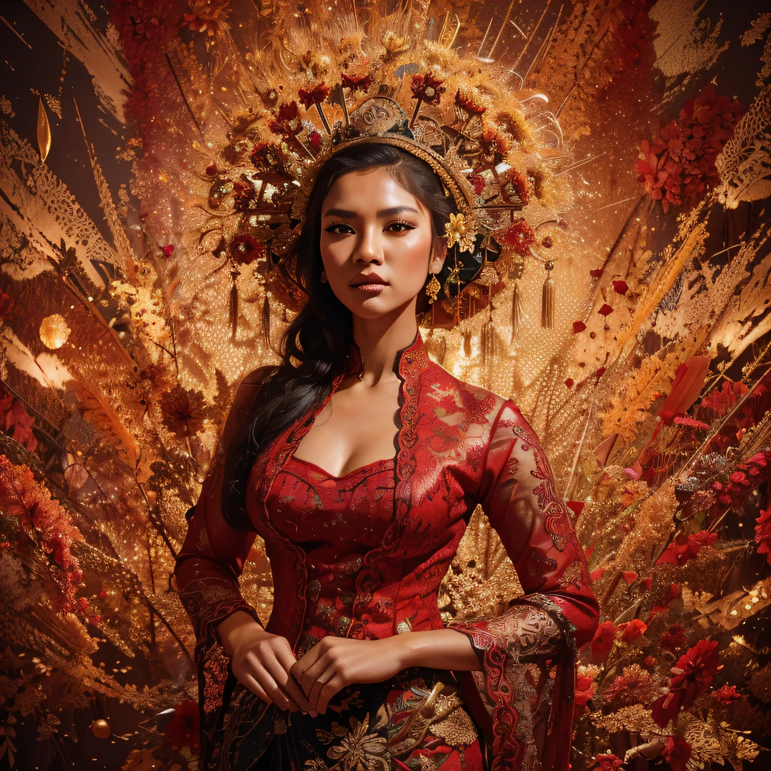 A captivating performance featuring an Indonesian woman in the red kebaya typical of traditional Indonesian clothing who is strong with a striking and energetic presence. Bold, textured brushstrokes create a dynamic and vibrant atmosphere, drawing attention to her bold features and accentuating her hourglass figure. Warm fall colors evoke nostalgia, while dark fantasy elements and graffiti-like patterns add depth and conceptual interest. These charming illustrations expertly display bright color harmonies, intricate details, and evocative subjects, making for a truly distinctive and captivating work of art.