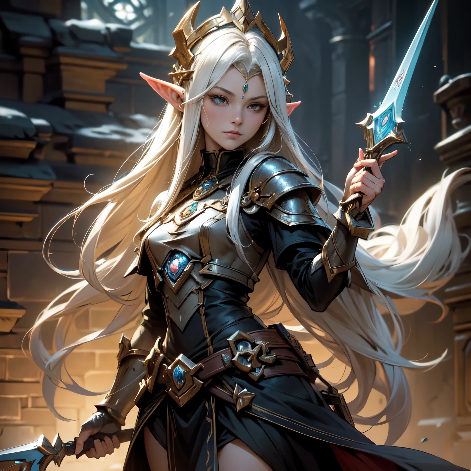 a close-up of a comic action character with detailed art and sharp drawing. A beautiful elven warleader, surrounded by magic holding some kind of futuristic weapon, arte conceitual de Yusuke Murata, trends on Artstation, sob arte, de Hearthstone, elven person, hearthstone card art, trading card art. The surrounding royal castle dungeon environment is threatening, with stone walls and a silence that seems oppressive, cercado por feixes de luzes, magical jewelry and clothing of nature. 8k resolution in ultra HD image.