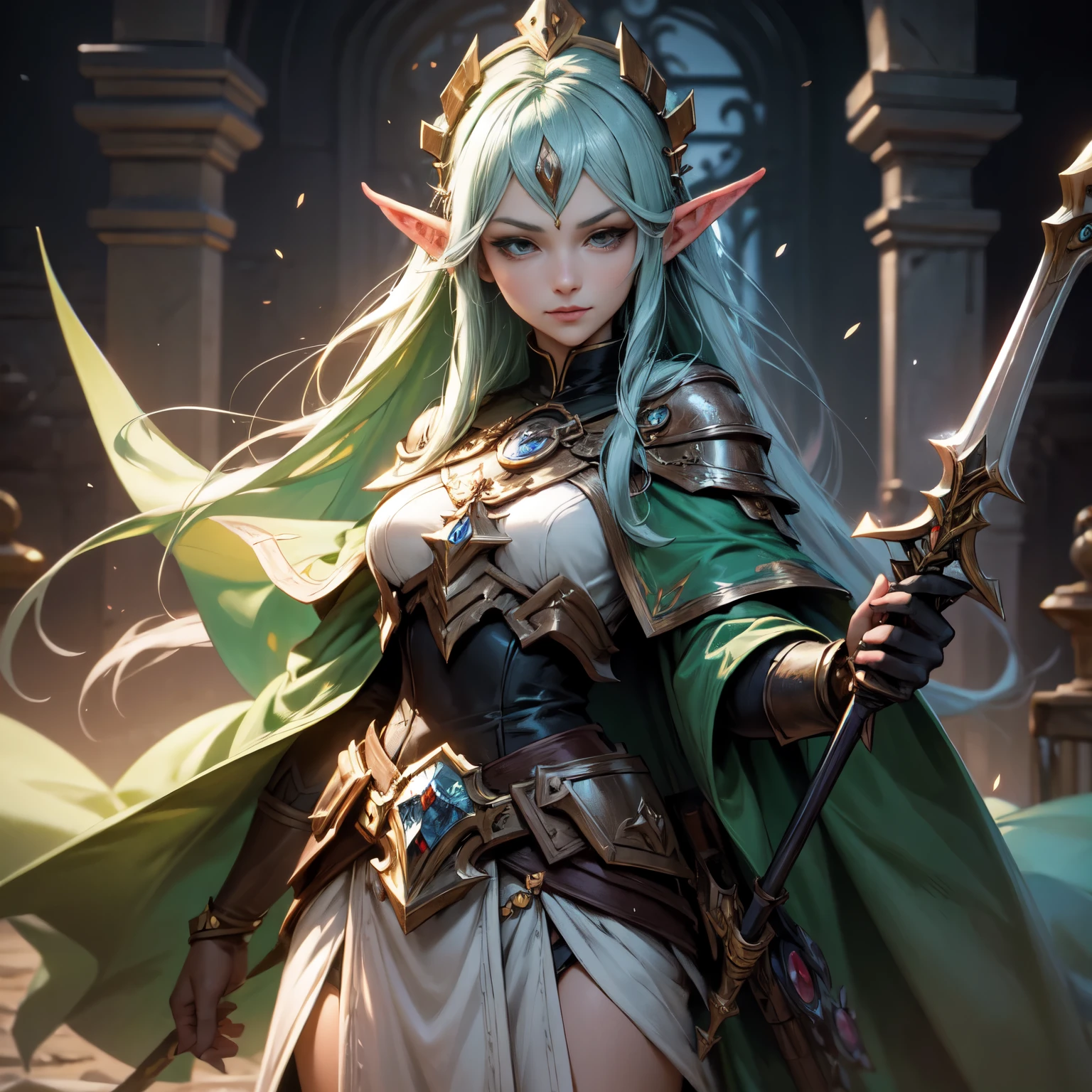 a close-up of a comic action character with detailed art and sharp drawing. A beautiful elven warleader, surrounded by magic holding some kind of futuristic weapon, arte conceitual de Yusuke Murata, trends on Artstation, sob arte, de Hearthstone, elven person, hearthstone card art, trading card art. The surrounding royal castle dungeon environment is threatening, with stone walls and a silence that seems oppressive, cercado por feixes de luzes, magical jewelry and clothing of nature. 8k resolution in ultra HD image.
