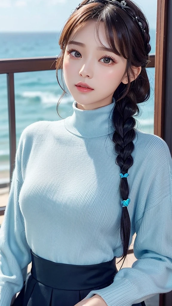 ＡＩBeauty、Highlight Color、Shorter than chin length、Glossy、With bangs、Braid、tiara、The perfect balance、Quite expensive、ＧCup or more、turtleneck、blouse、sweater、T-back、Heart pattern、Erotic、Light blue hairstyle、Ocean Prompt