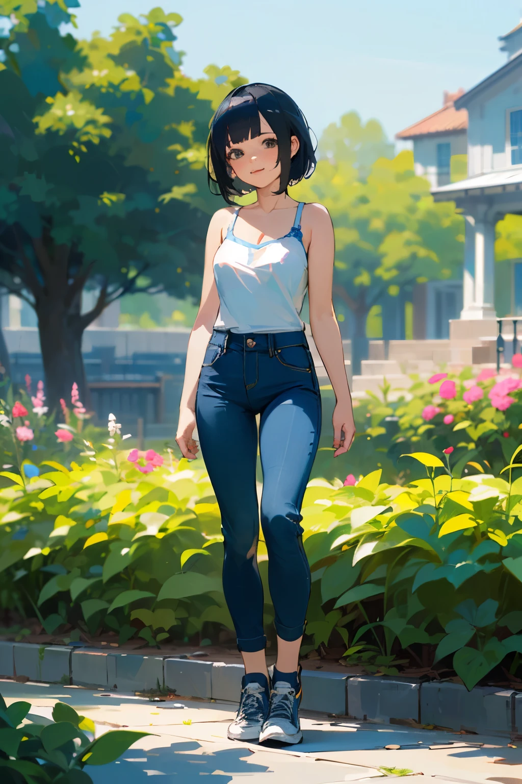 (high quality, High resolution, Very detailed, reality:1.37), Peaceful atmosphere, (Outdoor, garden), Teenage girl standing alone, (my breasts are big.), Beautiful details, Cute Smile, (Black bob hair), camisole, Denim pants, Blue socks, sneakers.