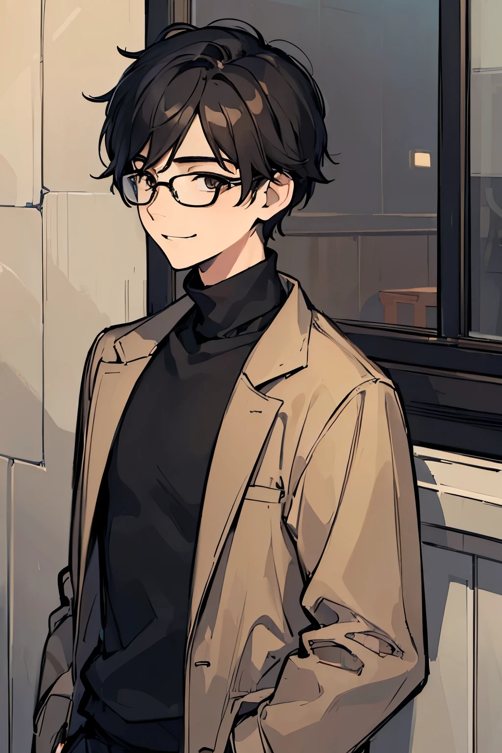 (((masterpiece))), ((best quality)), 1boy, male, young boy, ((looking away from camera)), (looking up to the bottow), brown utility jacket, black turtleneck, thin glasses, black hair, black eyes, hopeful eyes, shy smile, in the streets