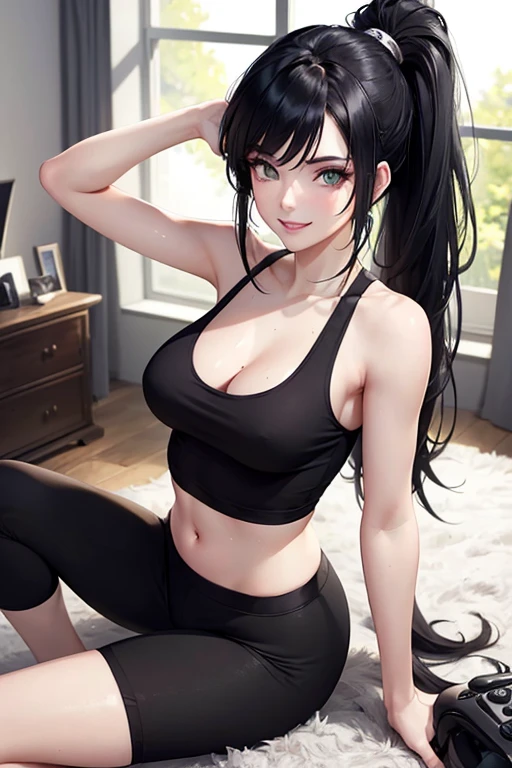Beautiful 24 yo woman of Irish descent. athletic figure,(pale:1.4)complexion. raven black hair, green eyes, cute butt, nice legs. Kind eyes,(joy:1.3),(smile:1.3). Very light makeup, ponytail, tank top, sweat pants, bare feet. Relaxed, playing video games.
(masterpiece), best quality, expressive eyes, perfect face.