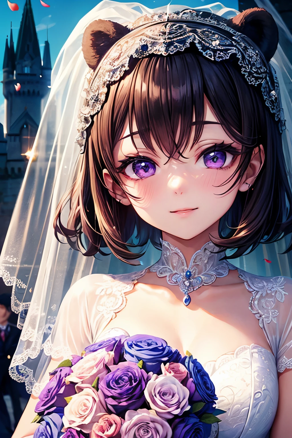 ((worst quality, low quality)), muste piece,best quality,Super detailed,masterpiece, (Cinderella Castle:1.3), (Theme park castle background:1.2), ((Close-up)), ((face focus)), ((Kemonomimi girl with black bear ears:1.2)), solo, ((Black short hair:1.3)), plump and glossy lips, (Beautiful purple eyes:1.3), spoken word heart, (best smile), spoken word heart, (Cute Pose:1.2), (Wedding dress:1.2), (Blong face veil:1.4), (holding a bouquet of flowers:1.2), (perfect hands:1.4), best quality, masterpiece, 32k,