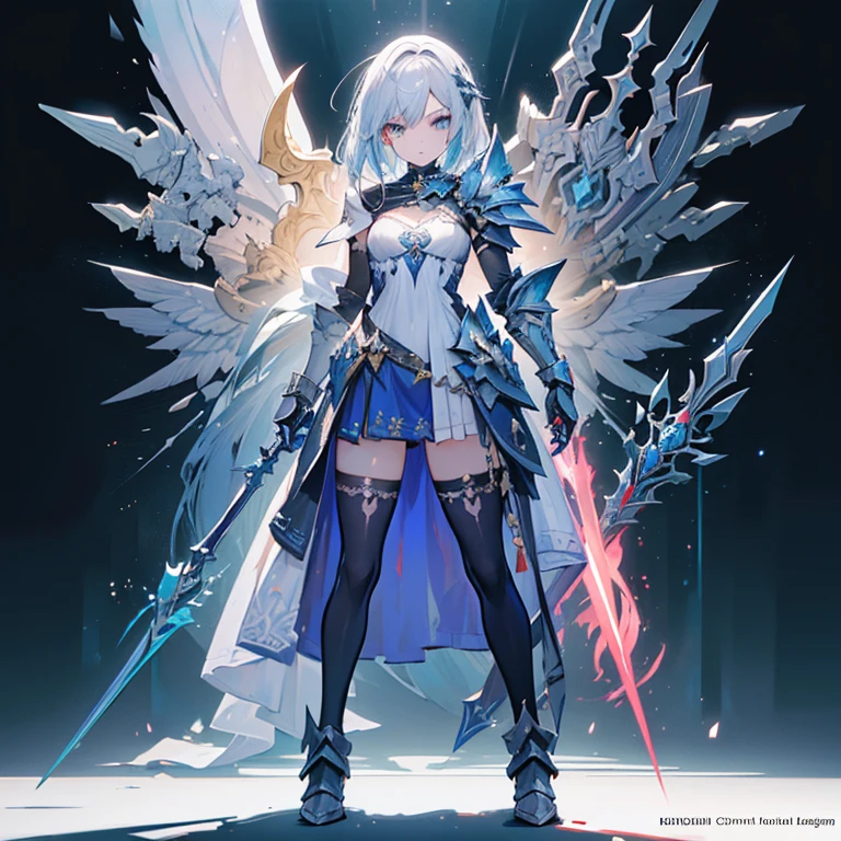 Design a layout showcase Gaming character, (1girl). Golden+Purle clothes, stylish and unique, ((showcase weapon:1.4)), magic staff, (masterpiece:1.2), (best quality), 4k, ultra-detailed, (Step by step design, layout art:1.5), (luminous lighting, atmospheric lighting), magican, ((glove full hands)), (((revealing clothes:1.3))), vambraces, armored legwear, (((full_body_shot:1.4)))