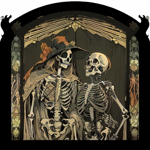 there is a drawing of a man and a woman in a hat, ( ( ( skeleton ) ) ), da vinci and alphonse mucha, elegant horror artwork, cyberpunk art nouveau, scary detailed art in color, death, sotn, harry clarke artwork, maxim verehin stained glass, the plague doctor, art nouveau illustration, inspired by Gustave Dore, oz, ghostly tango