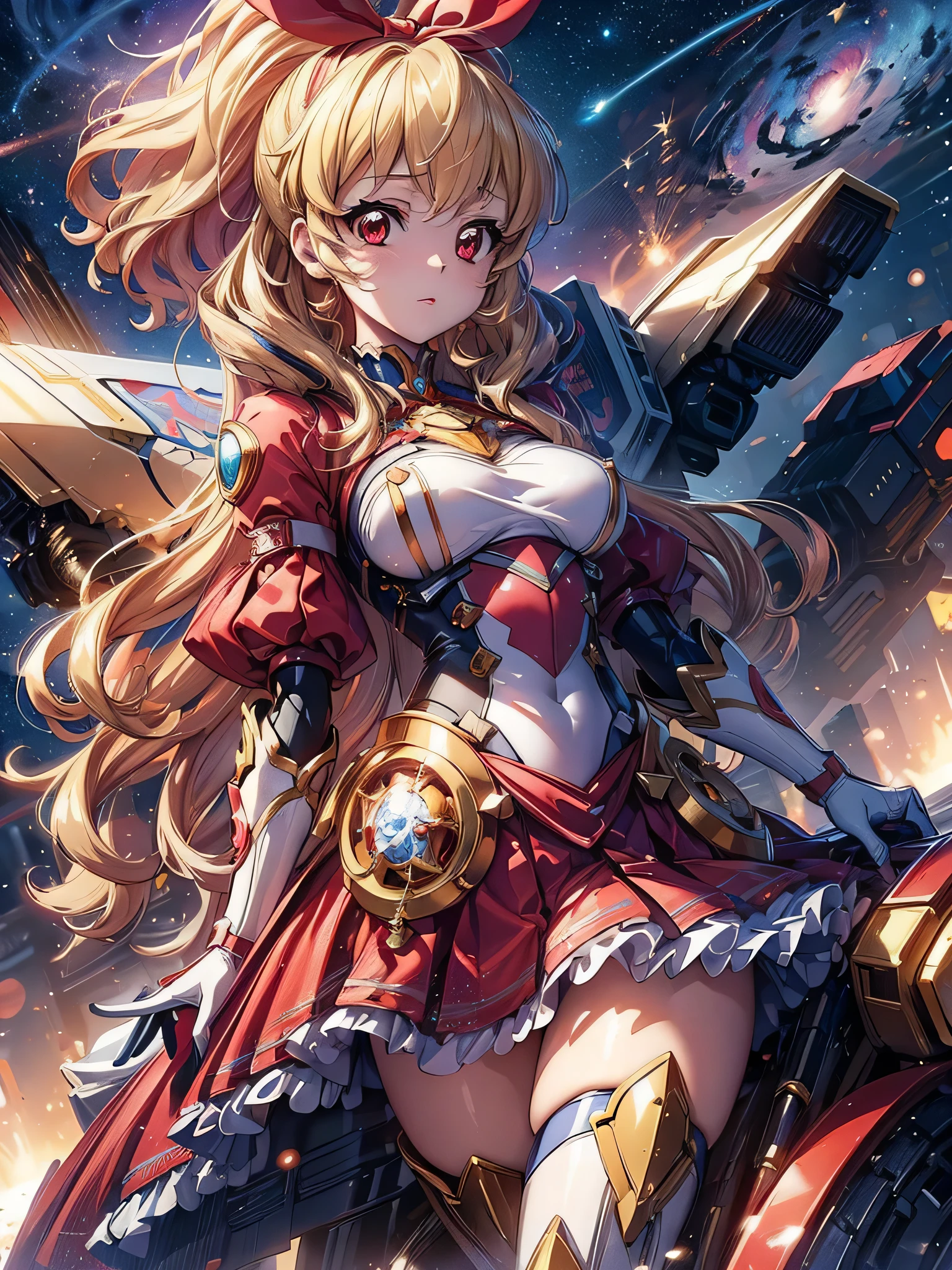 best quality, ultra detailed 8k cg render, masterpiece, high resolution, extremely detailed,
voluptuous beauty mecha girl,
super breasts,
, blonde hair, RED eyes,
gold White mix color mecha armor,
RED hair bund,
universe,outer space,
Venus planet,
bubble image,
persona face,Ichigo Hoshimiya (Aikatsu!)