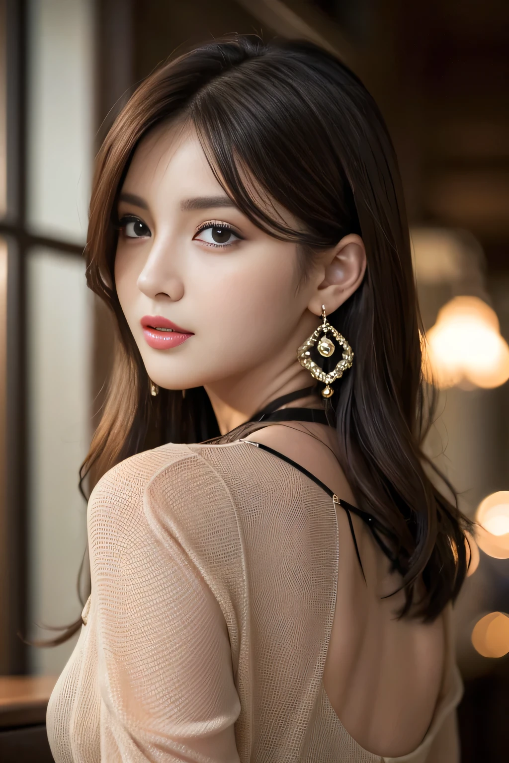 masterpiece, highest quality, Realistic, Very detailed, Finer details, High resolution, 8k wallpaper, One beautiful woman, Wear an elegant black see-through blouse, In a great restaurant, At night, Light brown shaggy haircut, Perfect dynamic composition, Beautiful and beautiful eyes、Big earrings