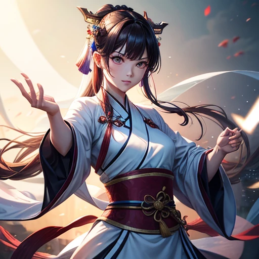 Handsome Chinese women competition, whole body, Combat Stance, Sharp eyes, Distinct facial features, Wearing Hanfu, Runes, Holographic Reality, Holographic Halo, Motion Blur, Game light effect, Edge Light, Soft Light, movie Edge Light, Delicate Light