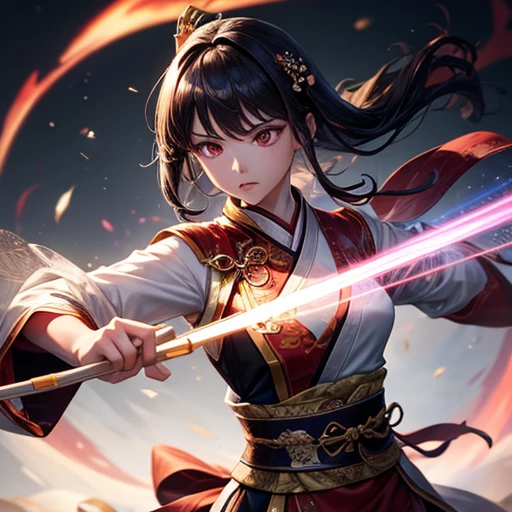 Handsome Chinese women competition, whole body, Combat Stance, Sharp eyes, Distinct facial features, Wearing Hanfu, Runes, Holographic Reality, Holographic Halo, Motion Blur, Game light effect, Edge Light, Soft Light, movie Edge Light, Delicate Light